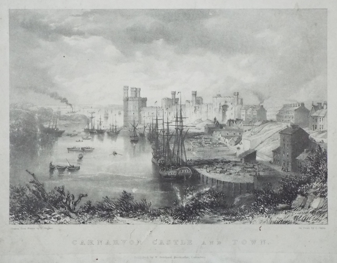 Lithograph - Carnarvon Castle and Town. - Childs